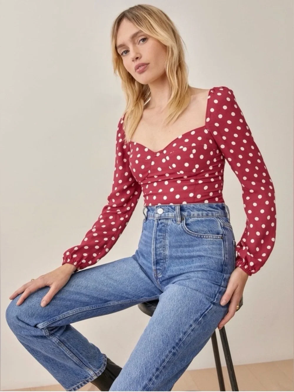 Reformation Red Polka Dot Square-Neck Long Sleeve Top